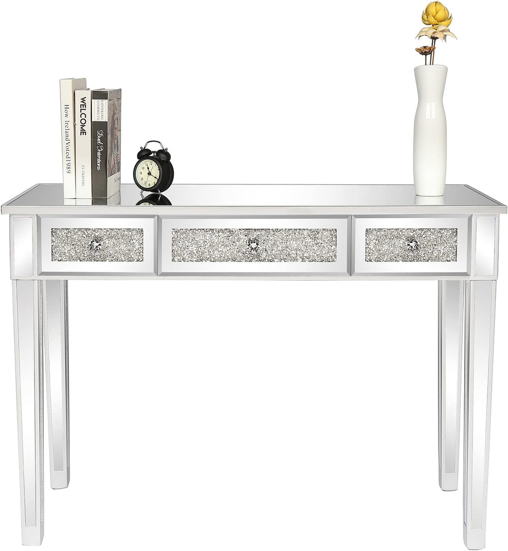 VINGLI Silver Mirrored Vanity Desk, Makeup Vanity Desk, Glass Desk with 3 Dra...