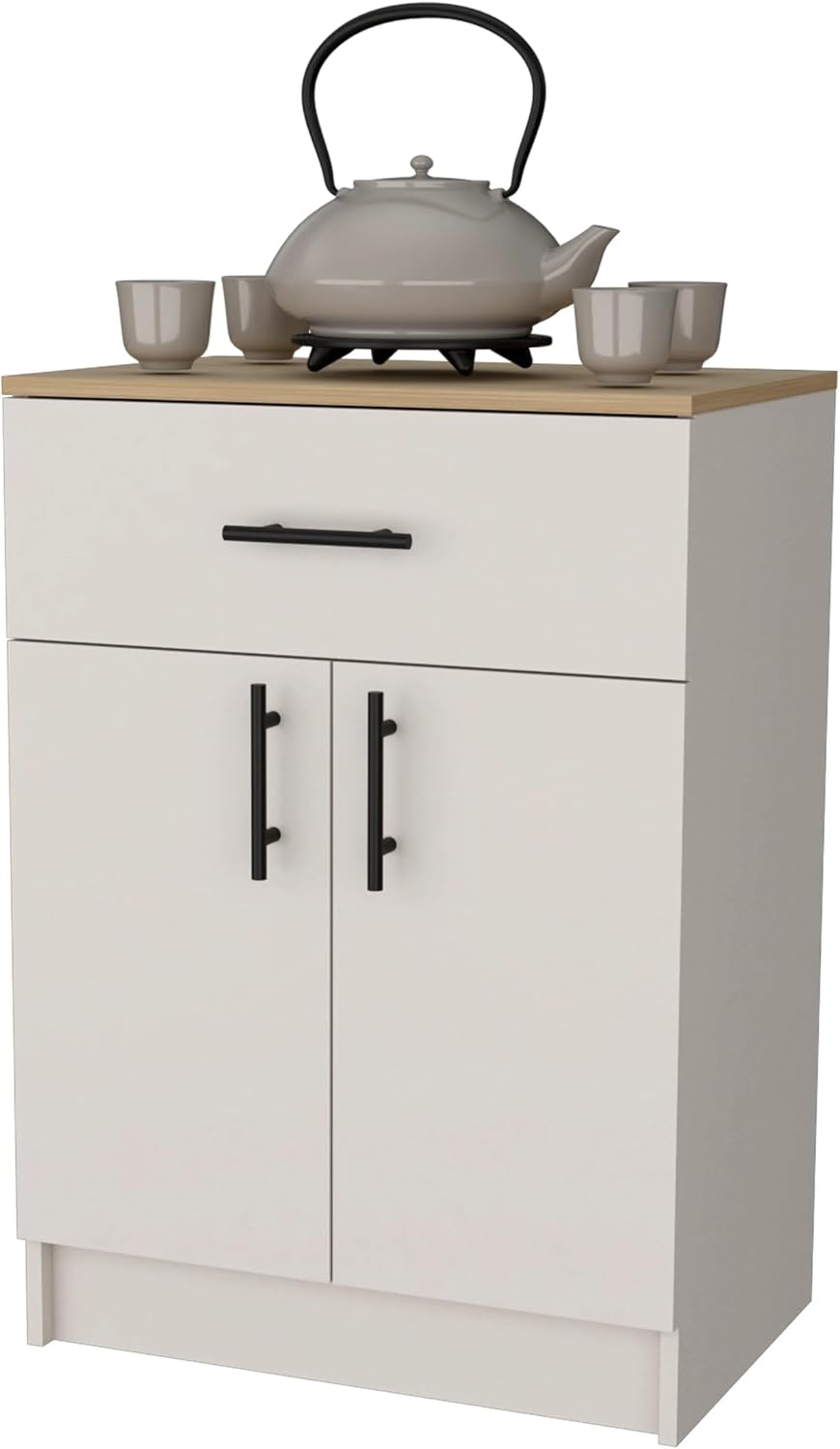 23.6" D*15.9" W*33.5" H Freestanding Kitchen Pantry with Dawer & Shelf, Lower Double Door, Natural Wood Top, Rectangular Wood Storage Cabinet, Modern, for Living Room, Dining Room, White