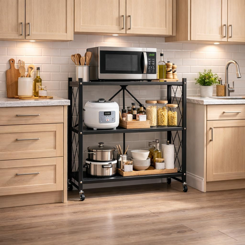 3-Tier Foldable Storage Shelf with Wheels | Metal Rack Collapsible Shelving D...