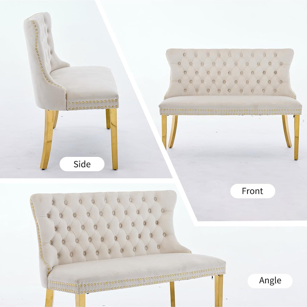 Beige Velvet Dining Bench with Back, Tufted Banquette Seating, Gold Legs | Up...