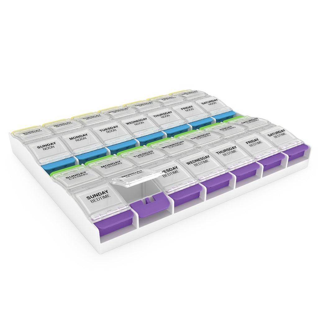 EZY DOSE Weekly (7-Day) Pill Organizer, Vitamin Container, and Daily Medicine Planner, 2X-Large Push Button Compartments, Arthritis Friendly, Easy to Use, 4 Times a Day, Clear Lids, BPA Free