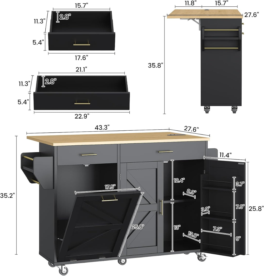 VVFLU 51.8" Kitchen Island Cart with Trash Can Storage, Kitchen Island on Wheels with Power Outlet & Drop Leaf, Rolling Kitchen Cart with Towel Rack & Spice Rack, Mobile Islands Table for Kitchen