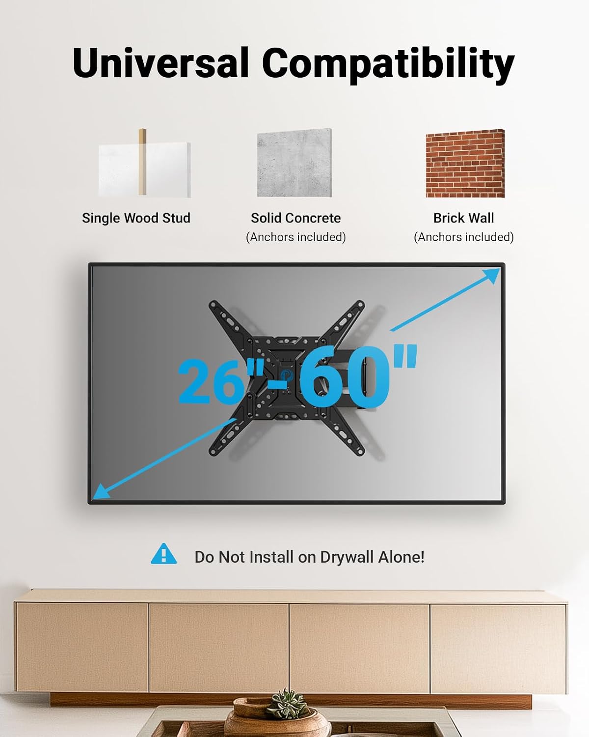 Pipishell TV Wall Mount for Most 26 32 50 55-60 inch TVs, Full Motion TV Mount with Swivel, Tilt & Extension, Single Stud Wall Mount Bracket Holds up to 77 lbs, Max VESA 400x400mm, PIMF11