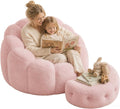 Pink Flower Bean Bag Chair with Ottoman, Fuax Fur Comfy Reading Chair for Bedroom, Fluffy Plush Floor Lazy Sofa for Living Room, Reading Nook