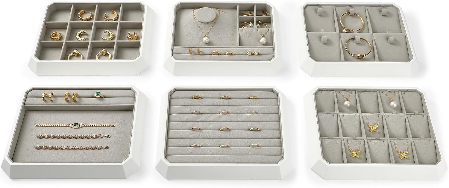 Premium PU Leather Stackable Jewelry Tray 15 Grid Jewelry Organizer Tray with Removable Inserts Cards Necklace Display Organizer Holder(Grey)
