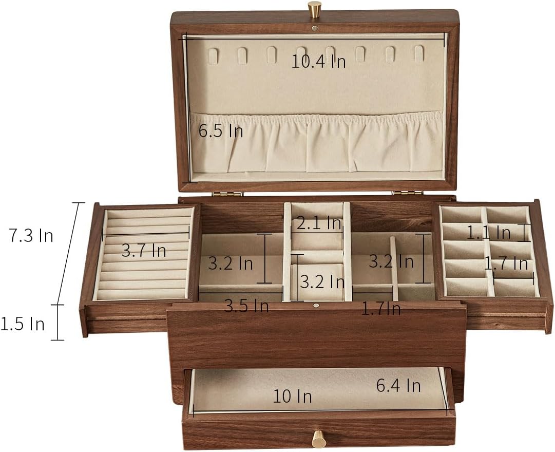 CHOSIN Black Walnut Wooden Jewelry Box for Women, 3 Level Multi-functional Drawer Organizer Box Watch Necklace Ring Earring Storage Christmas Gifts
