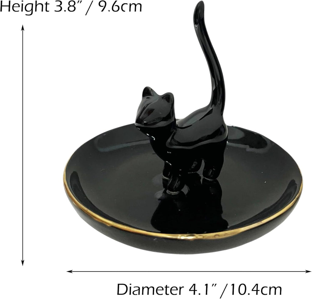 ROSA&ROSE Cat Ring Holder Trinket Tray Ceramic Jewelry Dish Porcelain Ring Organizer–Gift for Women,Girlfriend,Wife,Birthday or Anniversary (Black)