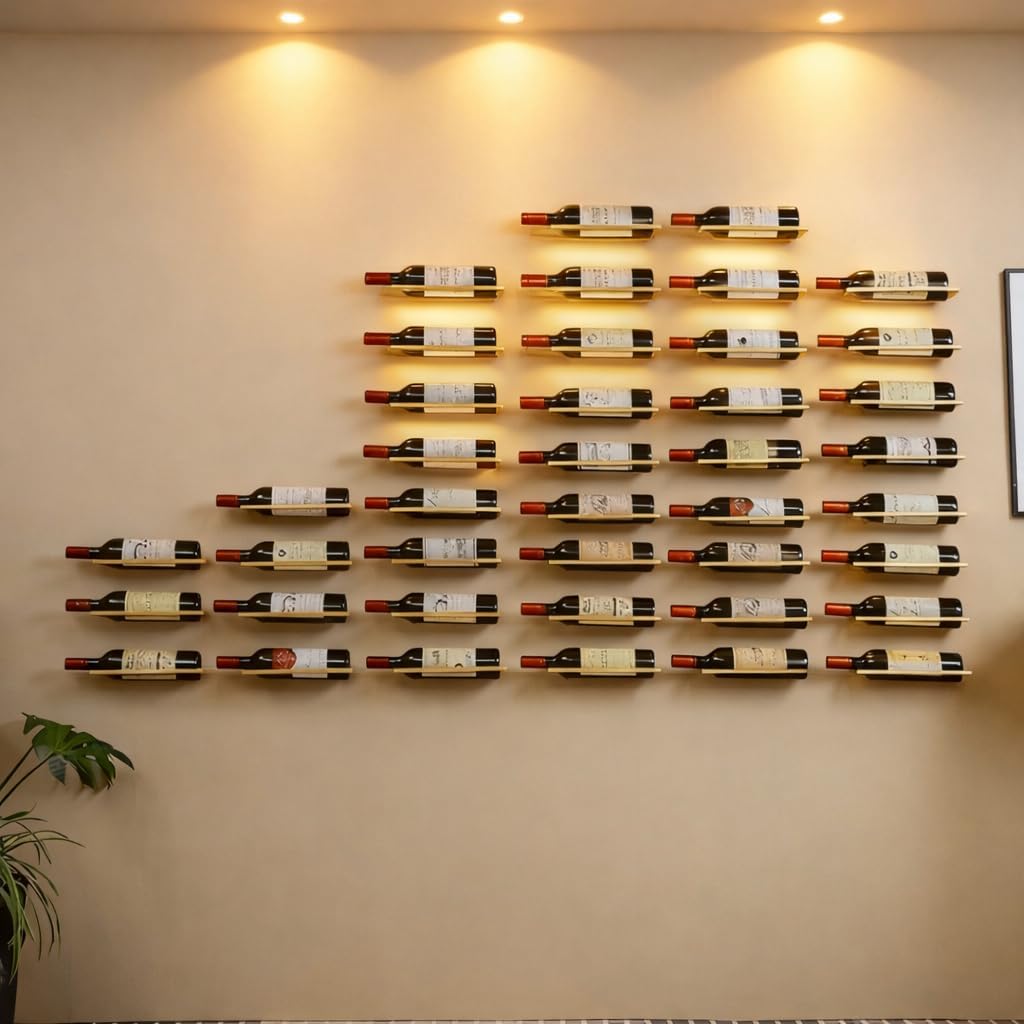 6-Shelf Metal Wall Mounted Wine Rack - Hanging Wine Bottle Holder Organizer for Kitchen, Bar, Home Storage - 6PCS Iron Wine Bottle Display Stand (6PCS-Gold)