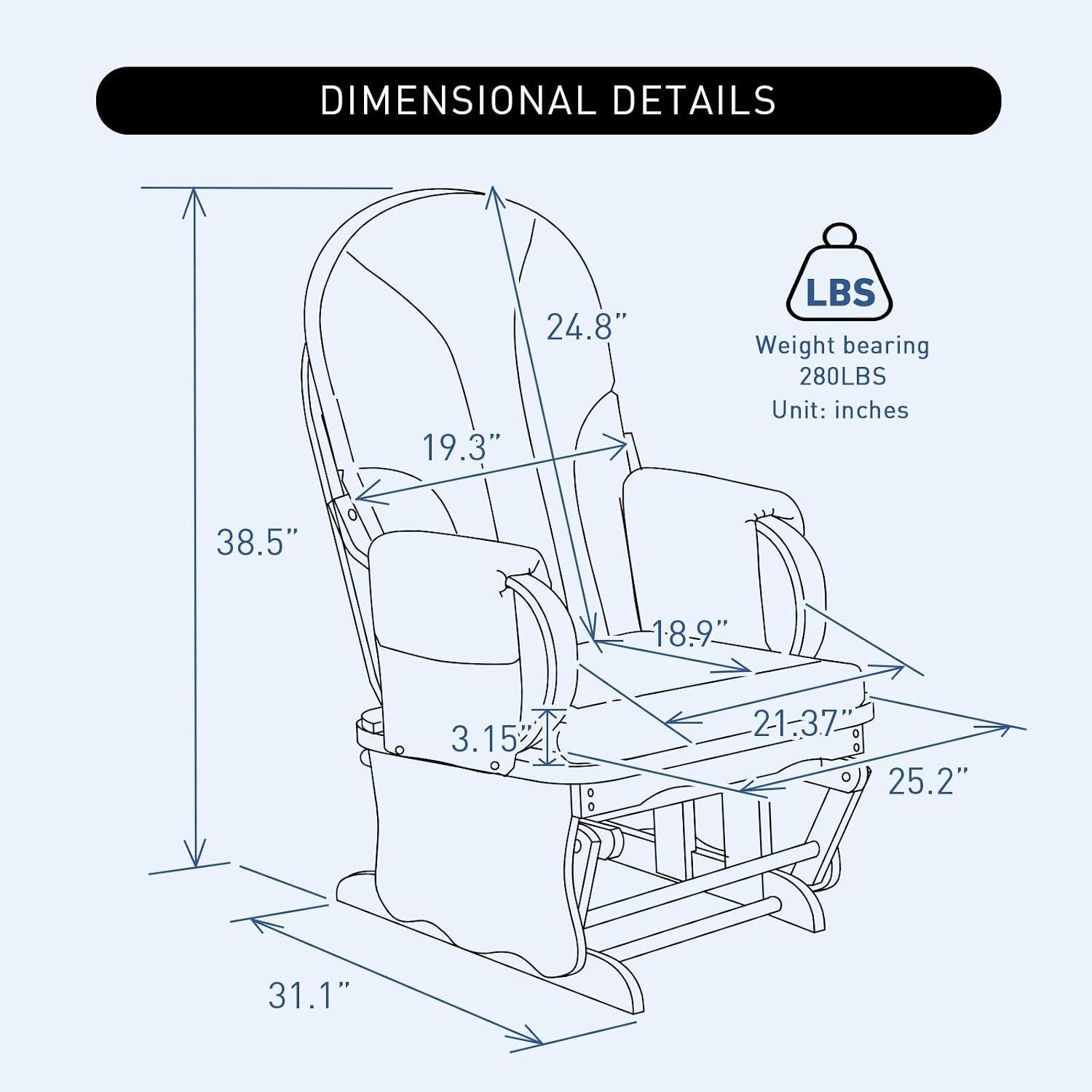 Natural Wood Glider Rocker Chair, Silent Smooth Gliding Nursery Rocking Chair with Solid Hardwood Base, Safety Design, Comfy Cushion for Baby Feeding, Nursery, Living Room, Bedroom, Blue