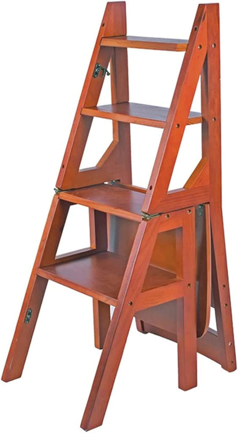 Wooden Folding Library Ladder Chair,2 in 1 Lightweight Portable Multifunctional Step Stool, 4-Step Stool Dual Purpose Stepladders, Display Stand and Flower Stand for Home