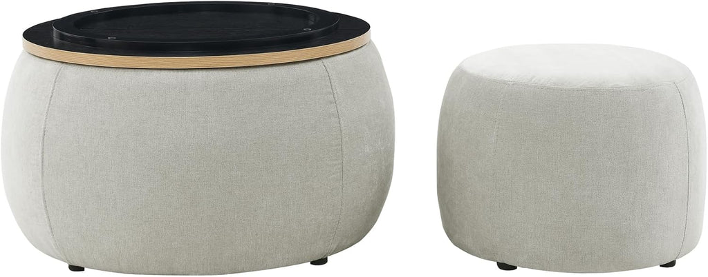 Ball & Cast Round Upholstered Storage-Ottoman Set with Wood Tray, Large Storage Coffee Table w/Footstool & Removable Lid, Dia 25" Padded Bench & End Side-Table for Living Bedroom, Light Grey