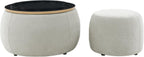 Ball & Cast Round Upholstered Storage-Ottoman Set with Wood Tray, Large Storage Coffee Table w/Footstool & Removable Lid, Dia 25" Padded Bench & End Side-Table for Living Bedroom, Light Grey