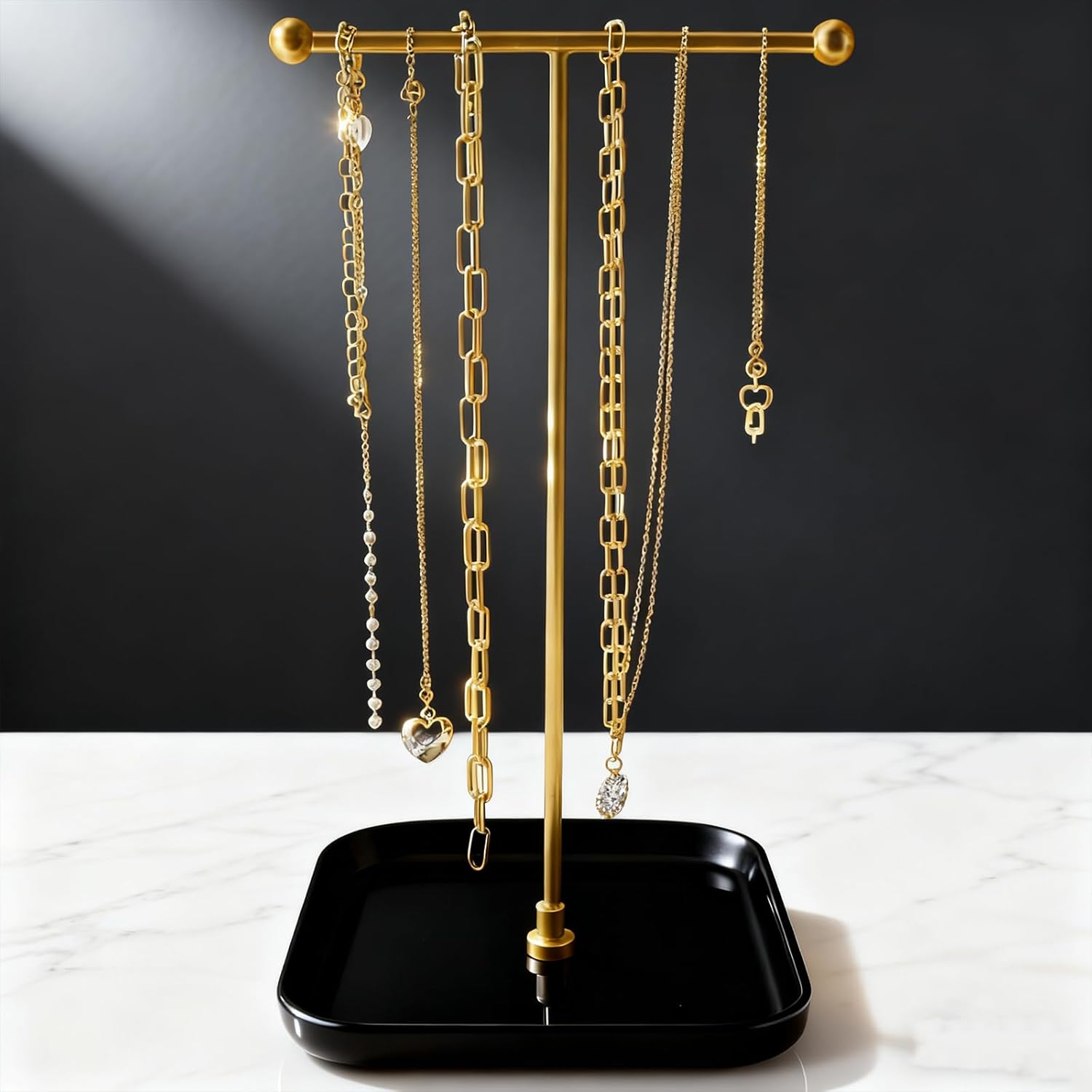 VROOMIUM Necklace Holder- Ceramic Base 1ft Height Jewelry Organizer Stand, Aesthetic Jewelry Hanger Display for Necklaces, Bracelets, Rings, Exhibidor de Collares-Mysterious Black