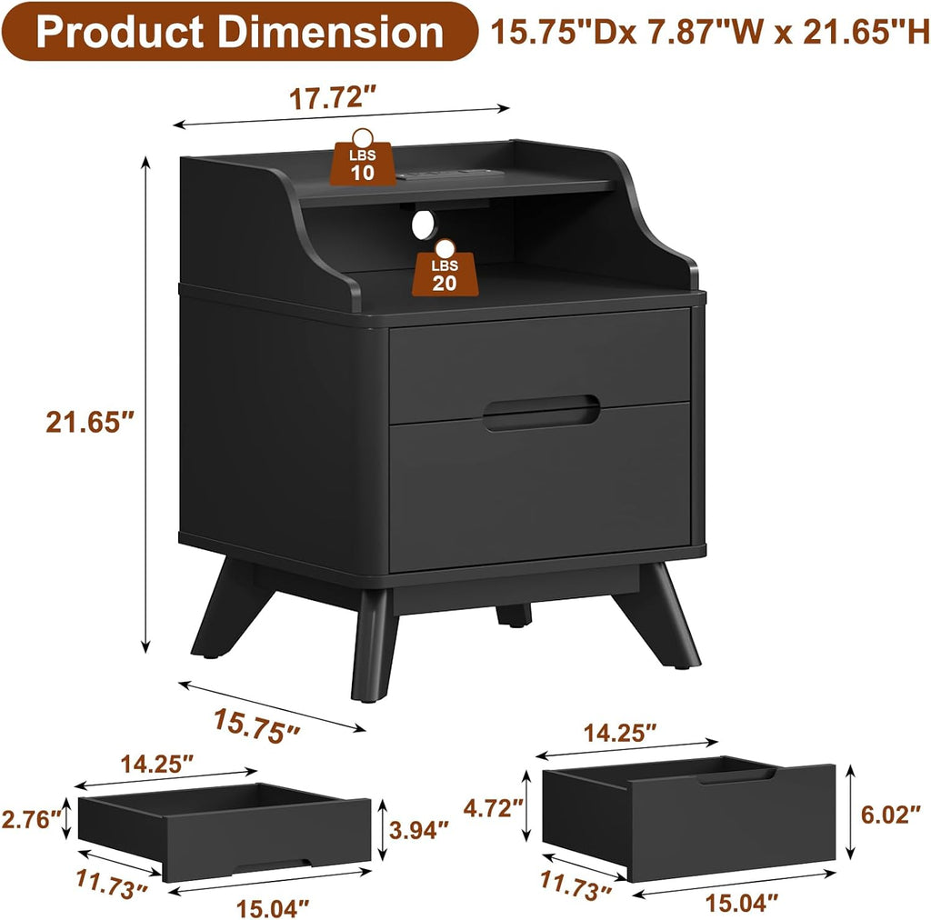 Nightstand with Charging Station, 21" Tall Nightstand w/2 Storage Drawers, Wood Night Stand with Hidden Handle, 17'' Wide Modern Bedside Table for Bedroom,Black