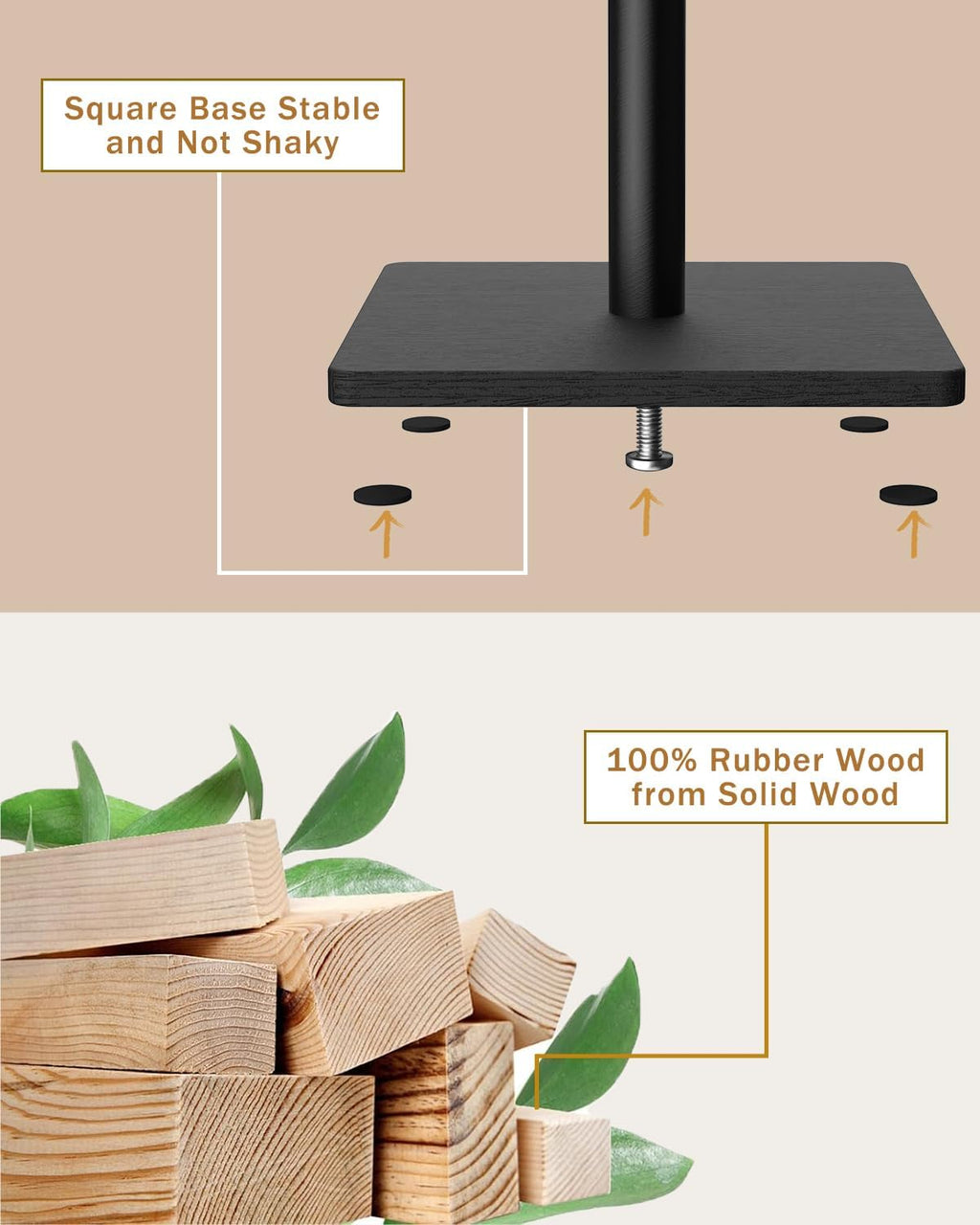 Yawinhe Coat Rack, Sturdy Woode Stand Tree with 8 Hooks, 3 Adjustable Height for Bedroom, Hallway, Entrance, Office, 11.8 x 70.8 inches, Black, 1-Pack, Square Base