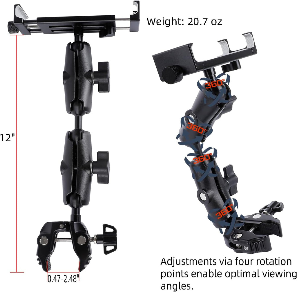 Aluminum Dual Arm Tablet Mount with Super Clamp for Rails 0.5'' to 2'' in Diameter, Side Mount Tablet Holder for Mic Stand, Compatible with iPad Pro 12.9 Air Mini, Galaxy Tab, 4.7-12.9" Tablets