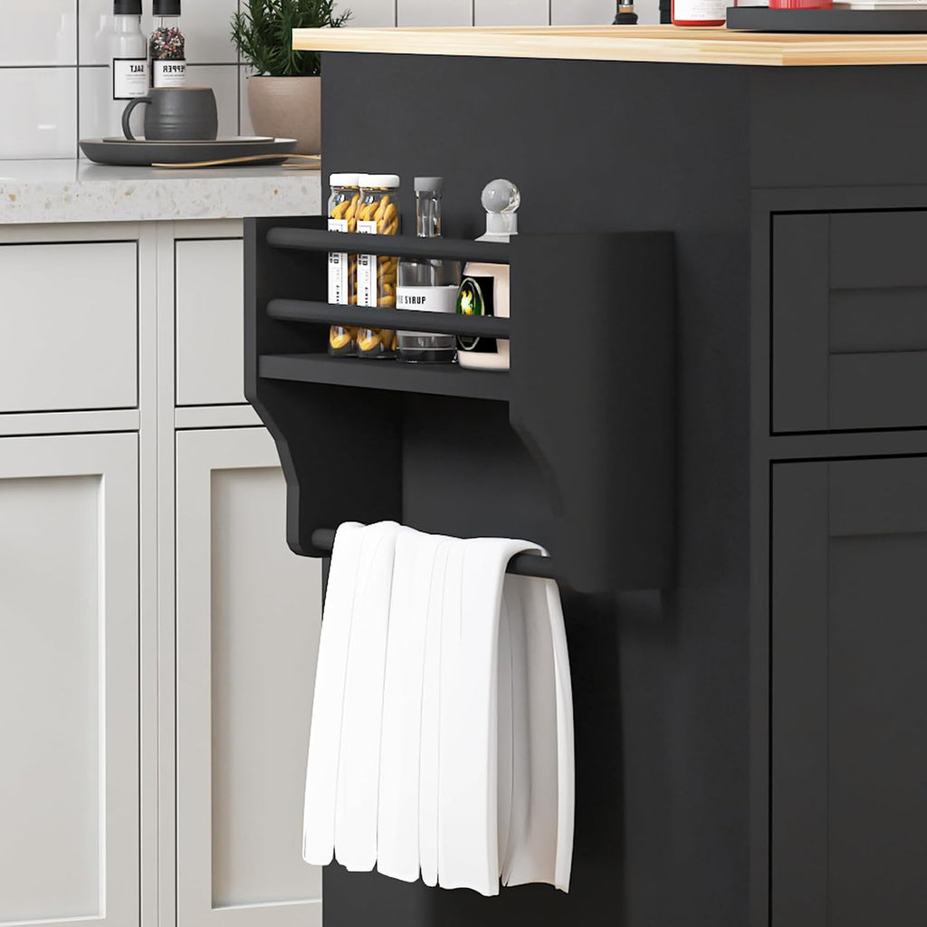 81.5" Kitchen Island with Extendable Dining Table, Rolling Kitchen Cart on Wheels with Spice Rack, Drawer and Door Cabinet for Dining Room, Black
