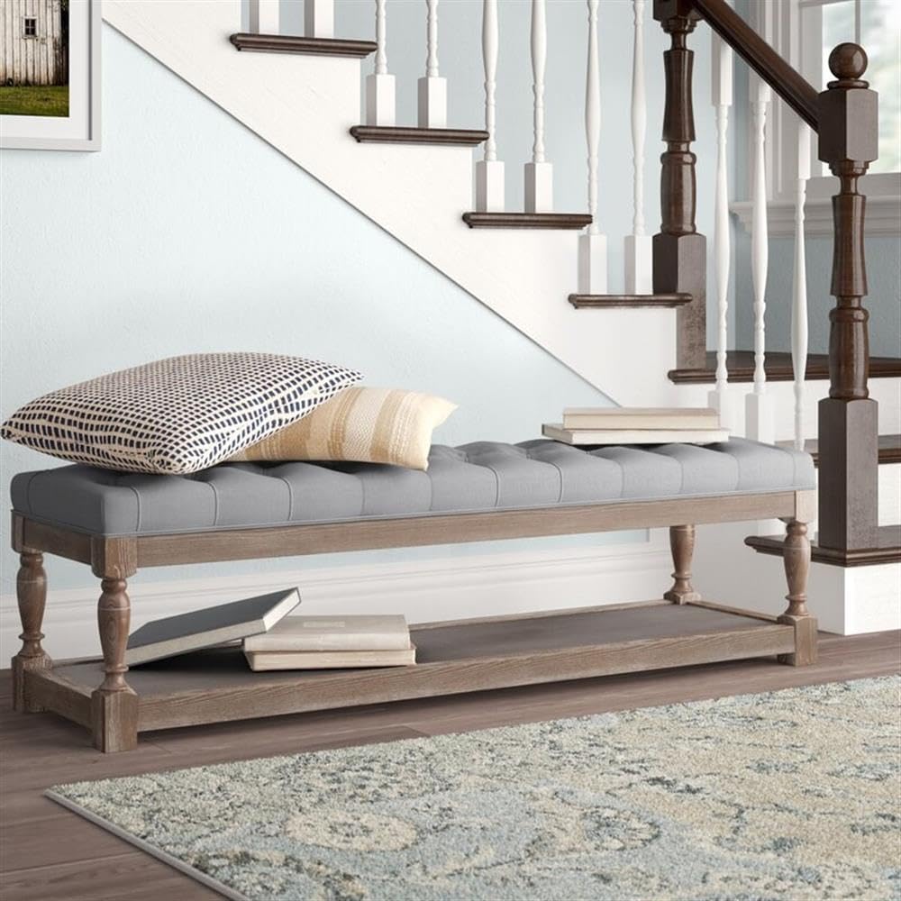 Pangea Home Athena 17" Wood Bench in Antique White & Frost Gray