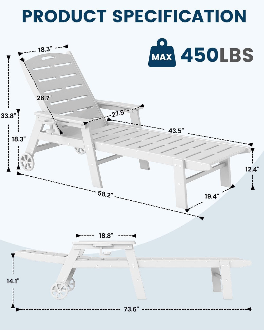FOOWIN Chaise Lounge Chair, HDPE Lounge Chair Outdoor with 5 Positions, Overs...