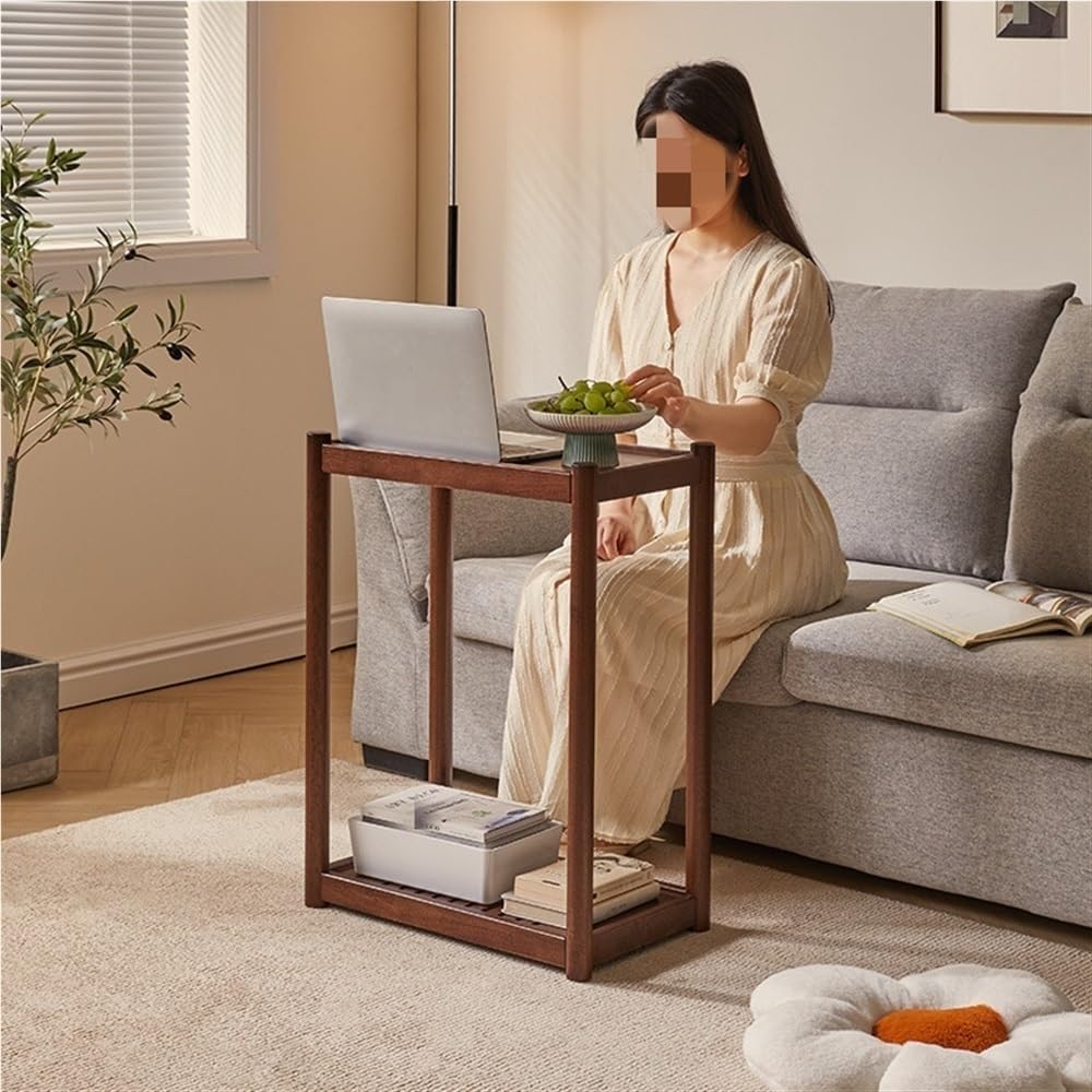 Rolling Wooden End Table with Wheels, Multifunctional 2 Tier Storage Nightsta...