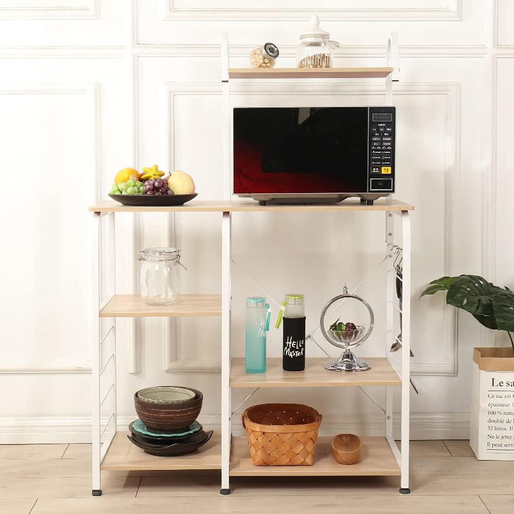 soges Microwave Cart Coffee Station, Kitchen Bakers Rack, Utility Microwave Oven Stand Storage Cart, Workstation Shelf, White Oak 172-MO