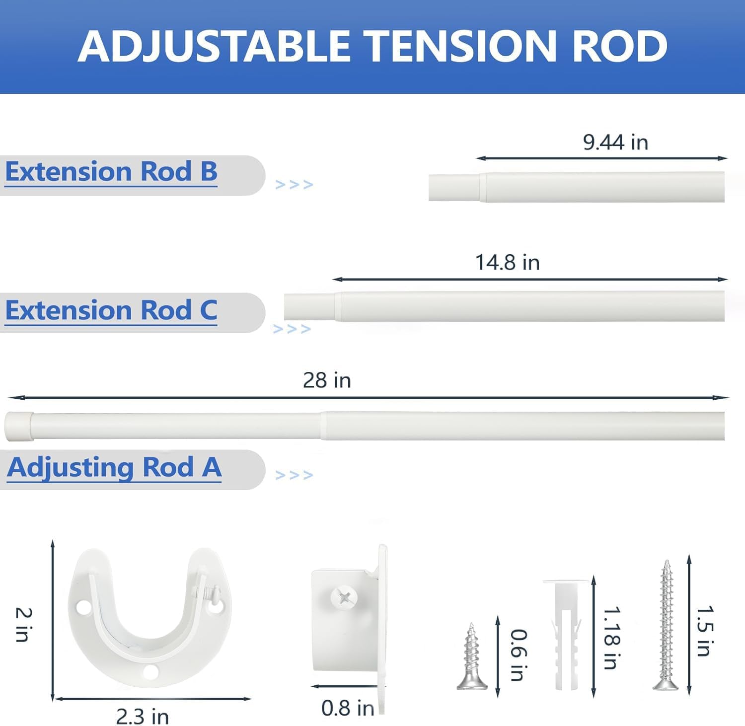 Closet Rod, 17 to 53 Inch Closet Rods for Hanging Clothes, Heavy Duty Adjustable Closet Hanging Rod Bar White Closet Poles for Wardrobes, Closet, Bathroom, Windows,1.3 Inch Diameter