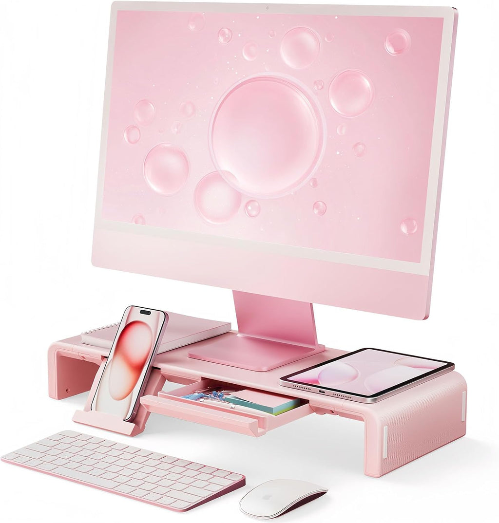 Pink Monitor Stand Riser, Klearlook Foldable, Height Adjustable Computer Stand, Desk Shelf Riser with Storage Drawer &Tablet Phone Stand for Desktop, Laptop