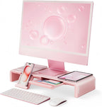 Pink Monitor Stand Riser, Klearlook Foldable, Height Adjustable Computer Stand, Desk Shelf Riser with Storage Drawer &Tablet Phone Stand for Desktop, Laptop