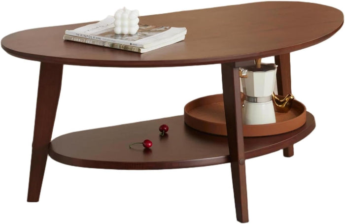 NAVREX Mid Century Modern Coffee Table with Storage, 2 Tier Oval Round Coffee Tables for Living Room, FSC Certifiled 100% Solid Bamboo Wood Center Table, Upgraded Edition (Walnut Finish)