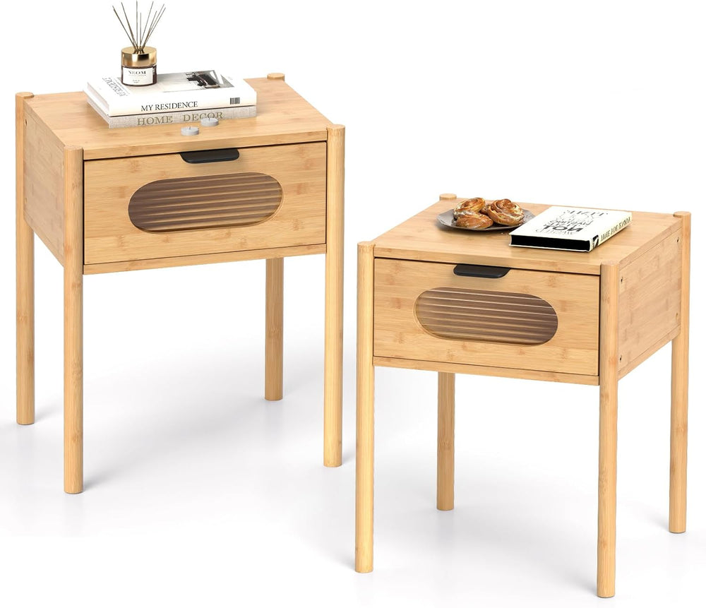 Giantex Bamboo Nightstand Set of 2, Mid Century Modern Bedside Table with Tem...