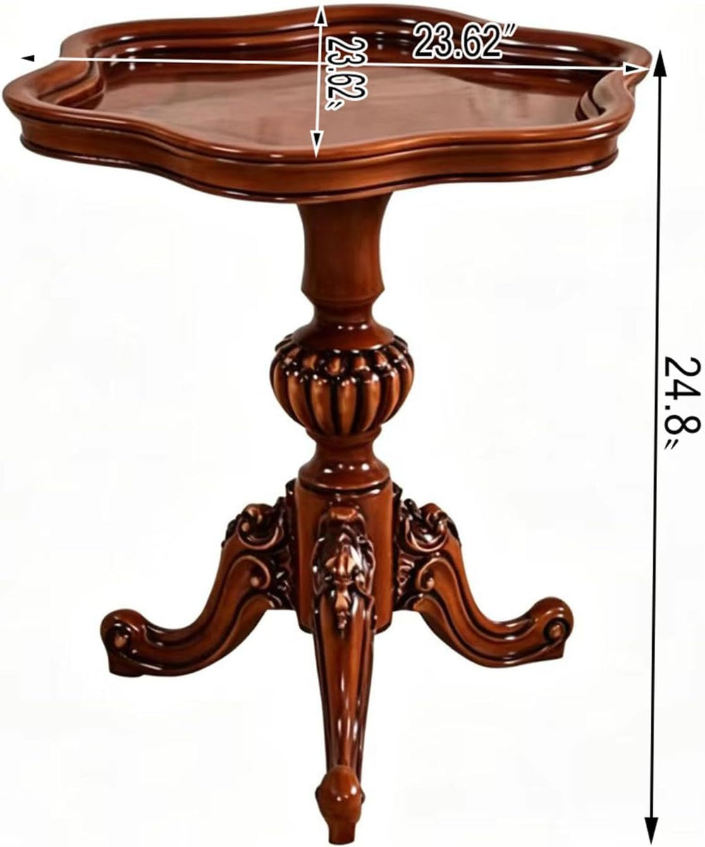 Solid Wood Carved Side Table, Vintage Round End Table with Raised Edge, Tripo...