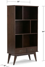 SIMPLIHOME Draper Bookcase - 64 inch Tall Solid Hardwood Wide Storage Bookshelf in Medium Auburn Brown, Mid-Century Modern Storage for Living Room or Office with Adjustable Shelves and Tapered Legs
