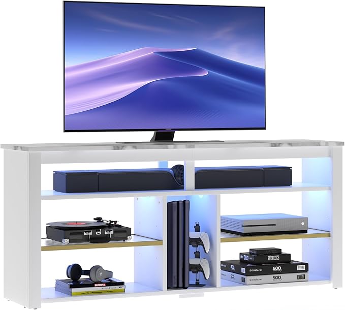 Bestier LED Tall Entertainment Center for PS4, 55 inch TV Stand for 55/60/65 inch TV, TV Console with Storage, Media TV Cabinet with Adjustable Shelf for Living Room, White Marble