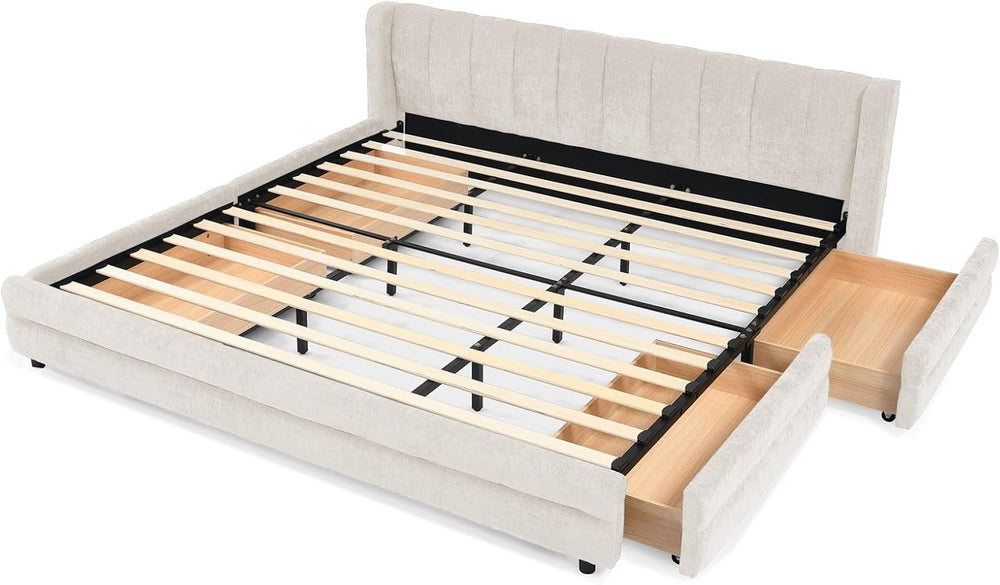 KEIKI Thick Chenille King Bed Frame with 4 Storage Drawer & Upholstered T...