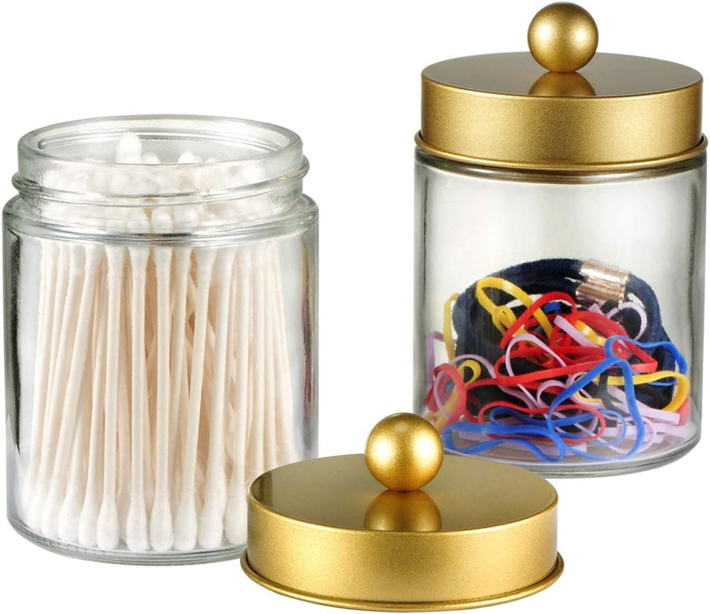 Amolliar 6Pc Apothecary Jars Bathroom Vanity Organizer- Rustic Farmhouse Decor Storage Canister with Stainless Steel Lids- Qtip Dispenser Holder for Q-Tips,Cotton Swabs,Rounds,Ball,Flossers (Gold)