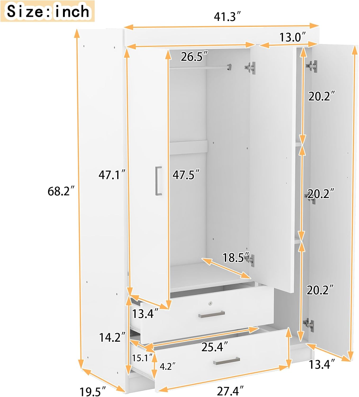 3 Doors Wardrobe Armoire Closet with Mirror, 68.2" H Wooden Freestanding Armoire Wardrobe Closet with Locking Drawers and Shelves, Bedroom Clothes Closets Wardrobes Cabinet with Hanging Rod, White