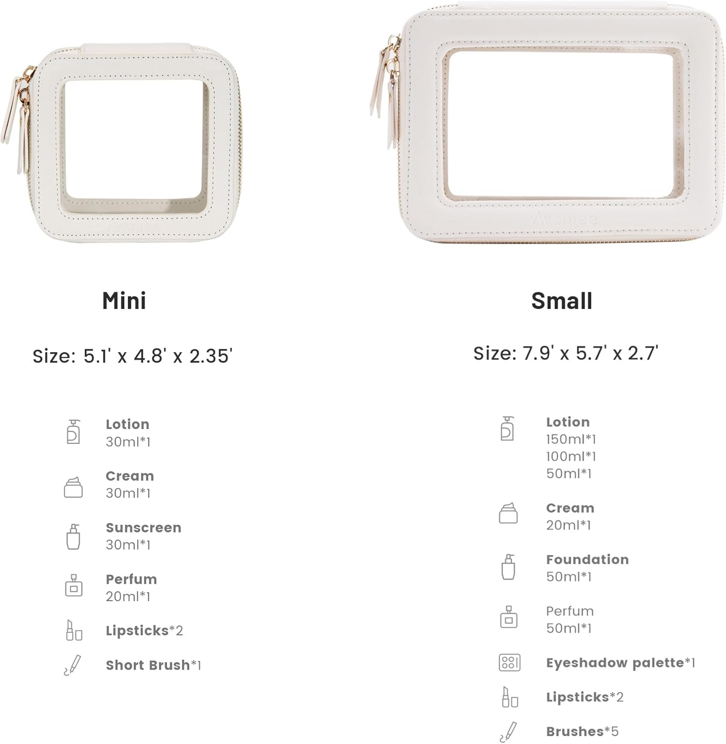Aveniee Clear Makeup Bag Set (2-Piece Mini & Midi) - Travel Toiletry Organizer for Women, Waterproof Cosmetic Pouch & Car Accessory for Travel Size Toiletries, White