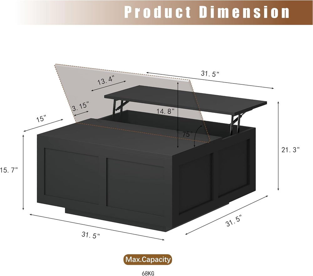 HedoAjim Lift Top Coffee Table with Storage, 31.5" Square Black Table
