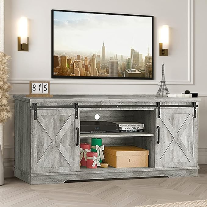 IDEALHOUSE Farmhouse TV Stand, Entertainment Center for 65 Inch TV Media Console Cabinet, White Barn Doors TV Stand with Storage and Shelves, Modern TV Console Table Furniture for Livingroom (Gray)