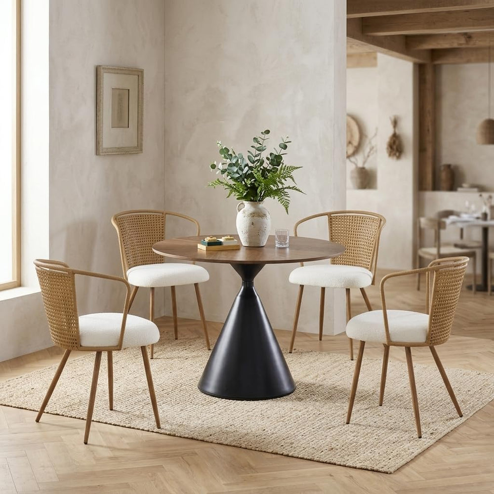 Rattan Dining Chairs,Upholstered Boucle Cushion with PE Cane Wing Back Kitche...
