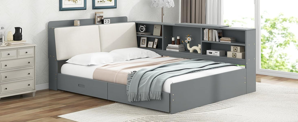 Peanu Full Bed Frame, Storage Headboard, Gray Upholstered Wood