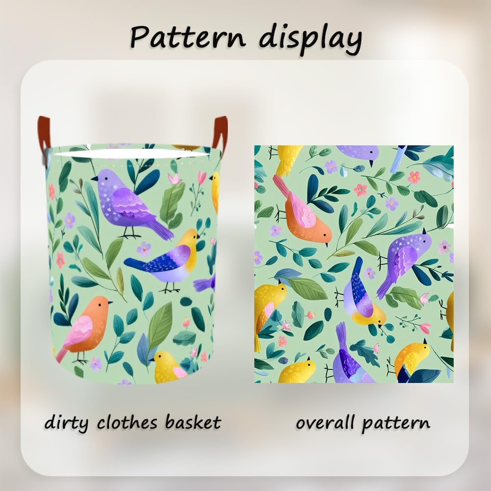 Laundry Baskets 15.7x19.7 Inch Large Colorful Birds Leaves Floral Design Collapsible Laundry Hamper with Handles Oxford Fabric Clothes Storage Bin Foldable Dirty Clothes for Bedroom Bathroom Dorm