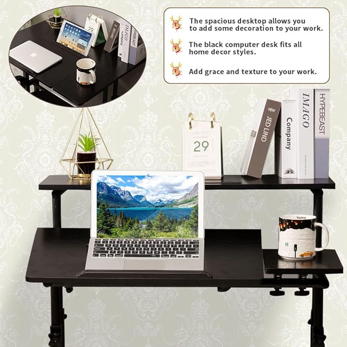 Hadulcet Mobile Standing Desk, Rolling Table Adjustable Computer Desk, Stand Up Laptop Desk Mobile Workstation for Home Office Classroom with Wheels, Black