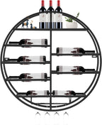 Round Wall Mounted Wine Rack Modern Metal Wine Wall Display Shelf | Horizontal Circular Bottle Storage Organizer, Vintage Rustic Wall Decor for Kitchen Living Room, Wine Cellar, Home Bar, Black