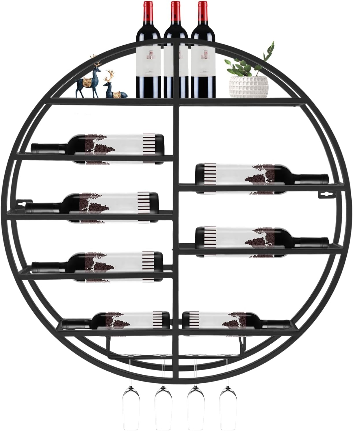 Round Wall Mounted Wine Rack Modern Metal Wine Wall Display Shelf | Horizontal Circular Bottle Storage Organizer, Vintage Rustic Wall Decor for Kitchen Living Room, Wine Cellar, Home Bar, Black