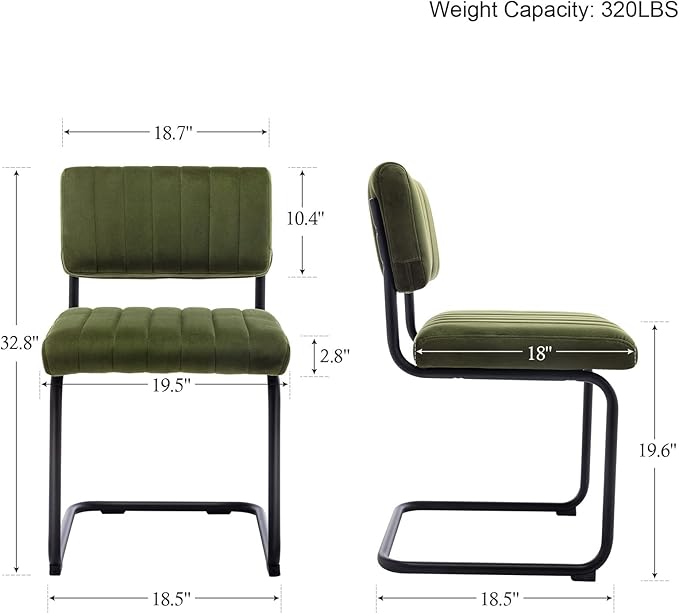 ONEVOG Mid Century Modern Dining Chairs Set of 2, Green Velvet Kitchen Chairs with Tufted Backs, Upholstered Wide Seat, Armless Cantilevered Chairs with Metal Legs for Kitchen Living Room