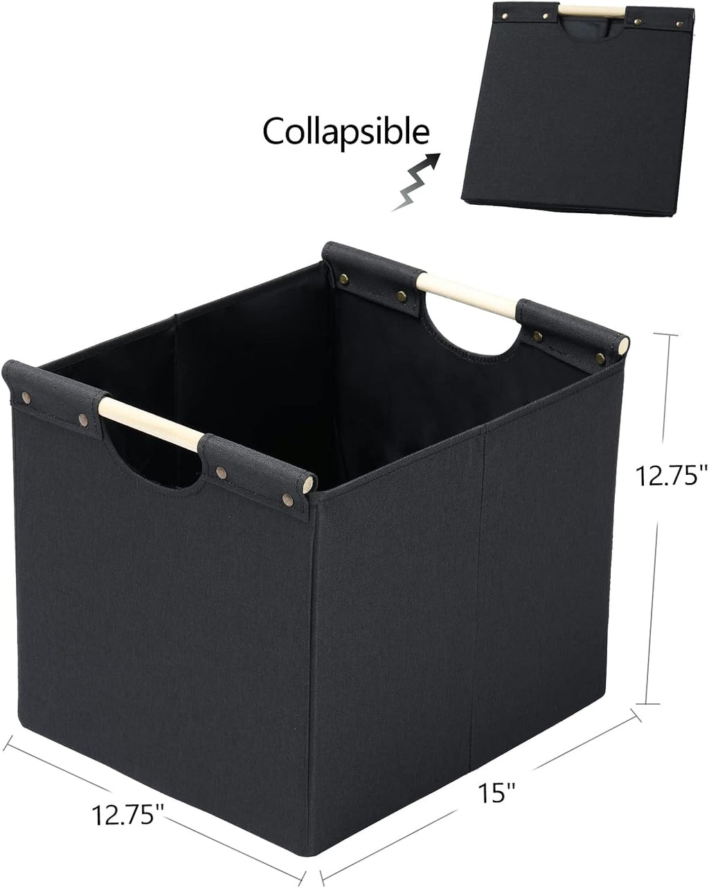 HOONEX Large Collapsible Storage Bins, Linen Fabric, Pack of 2, Storage Baskets with Wooden Carry Handles and Sturdy Heavy Cardboard, for Home, Office, Car, Nursery, Black