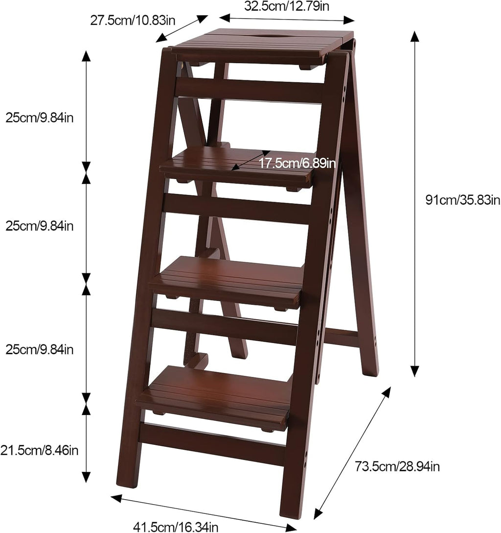 3 Step Ladder Folding Step Stool, Anti-Slip & Lightweight 3-Step Folding Portable Wooden Coffee Step Stool Counter Chair Multifunction Pine Wood Foldable Ladder for Home, Library, Capacity: 220lbs