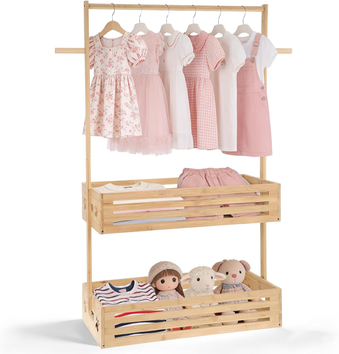 Extra Large Kids Clothing Rack for Toddler, Pet Clothes Rack with Double Storage Baskets & Hanging Rod, Baby Clothes Closet Stand for Nursery Room