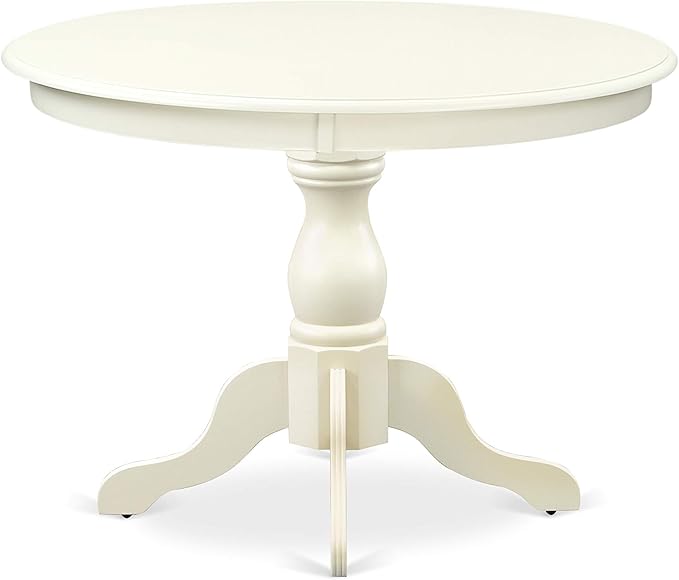 East West Furniture HBBO3-LWH-C 3 Piece Modern Dining Table Set Contains a Round Wooden Table with Pedestal and 2 Linen Fabric Kitchen Dining Chairs, 42x42 Inch, Linen White